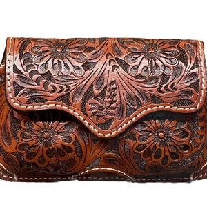 Hand Tooled Leather Cellphone Holder Case Brown